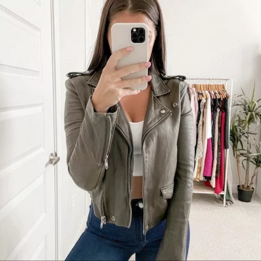 IRO Olive Green Ashville Leather Cropped Distressed Moto Jacket - Picture 5 of 16